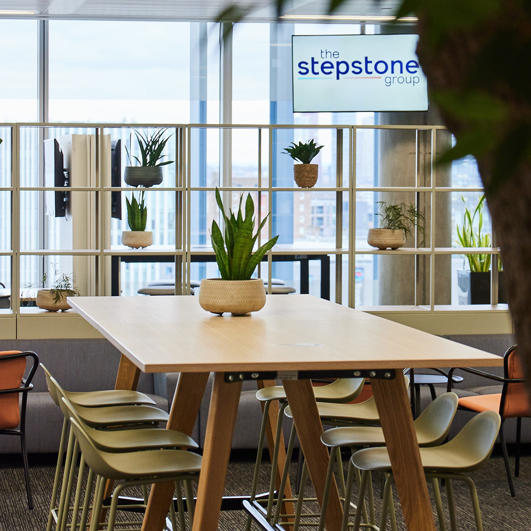 a snake plant on top of a communal table in an office space