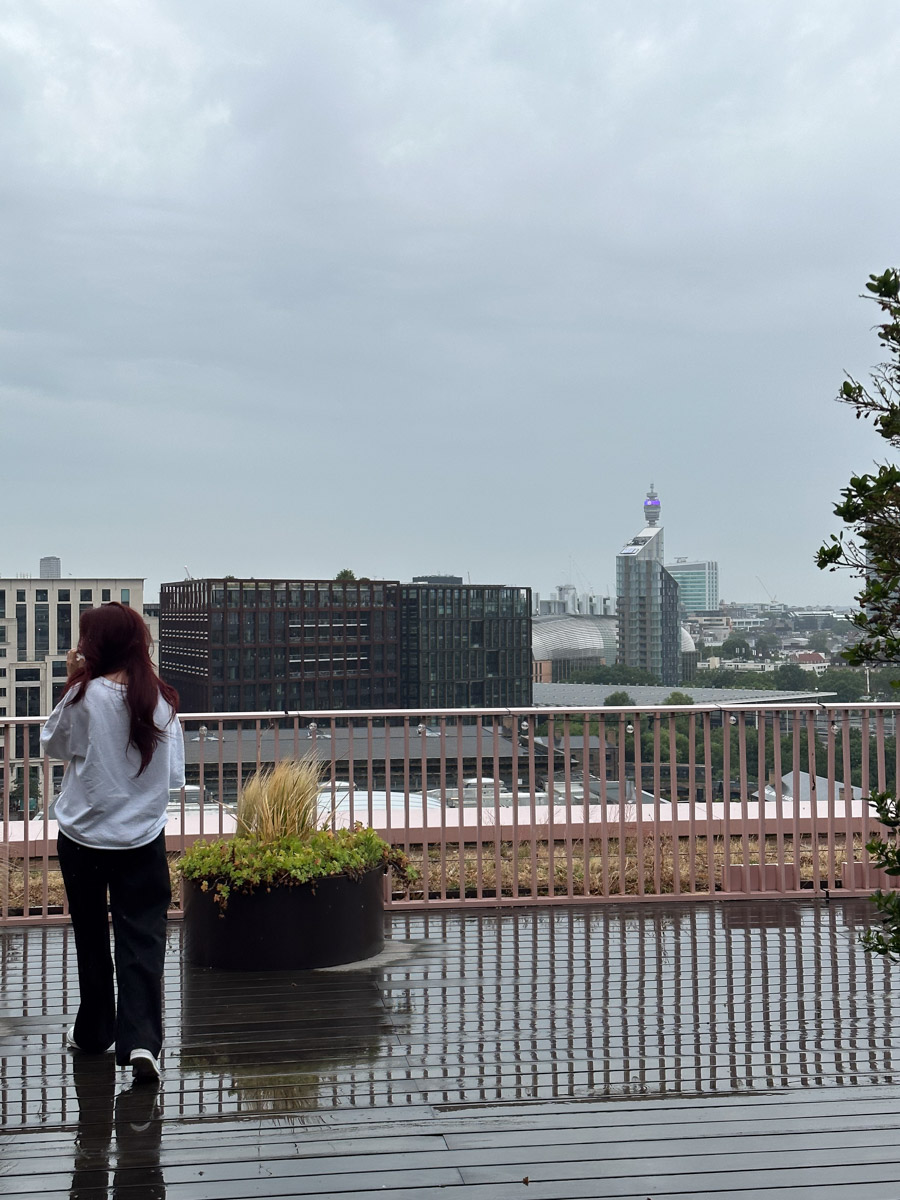 The image is of the London skyline with grey skies