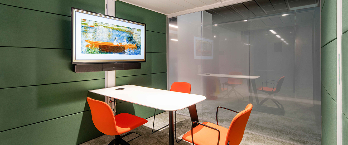Soundproof meeting room with acoustic panels, fogged glass and audiovisual system