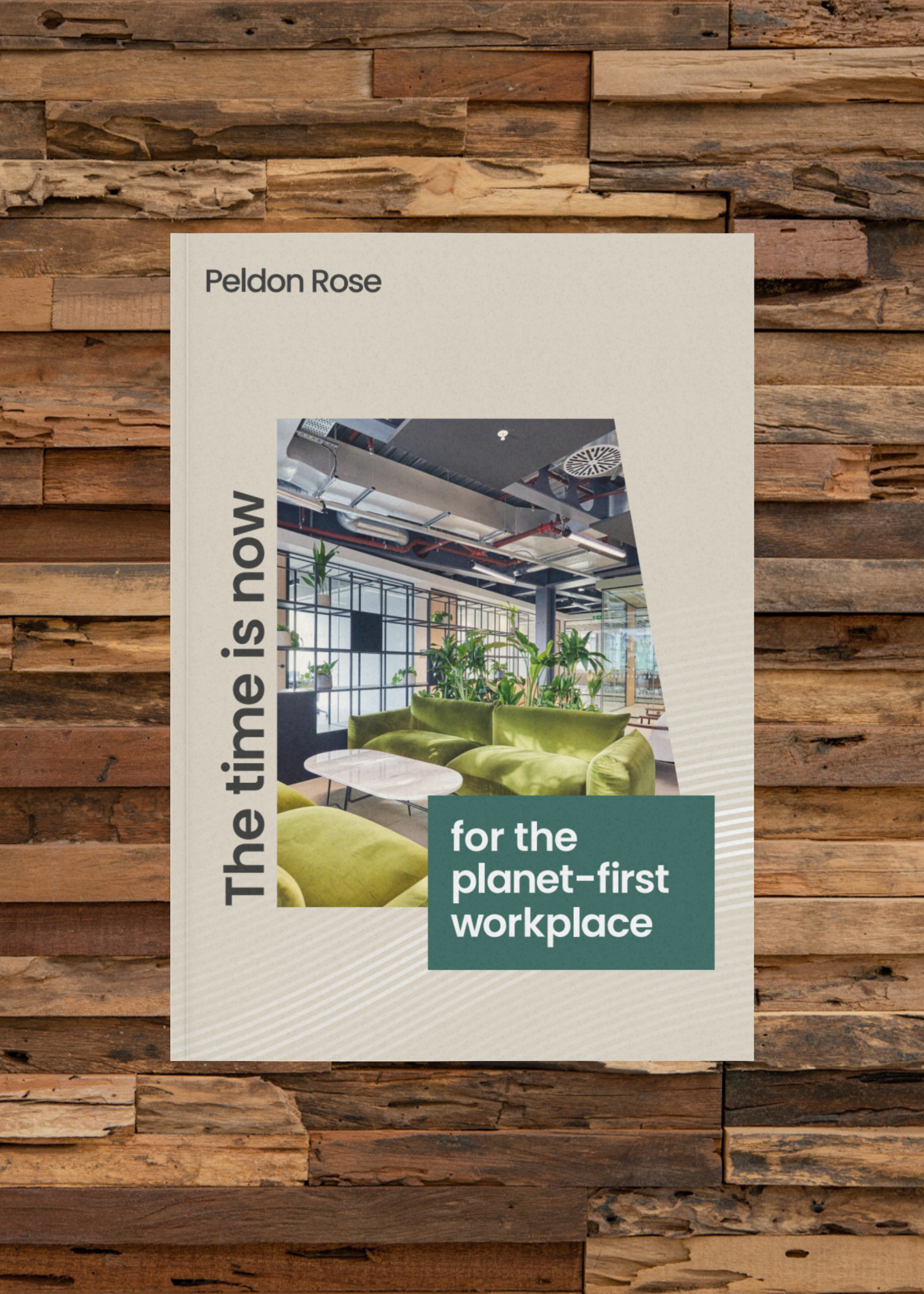 A guide to a planet-first workplace against a backdrop of wooden wall
