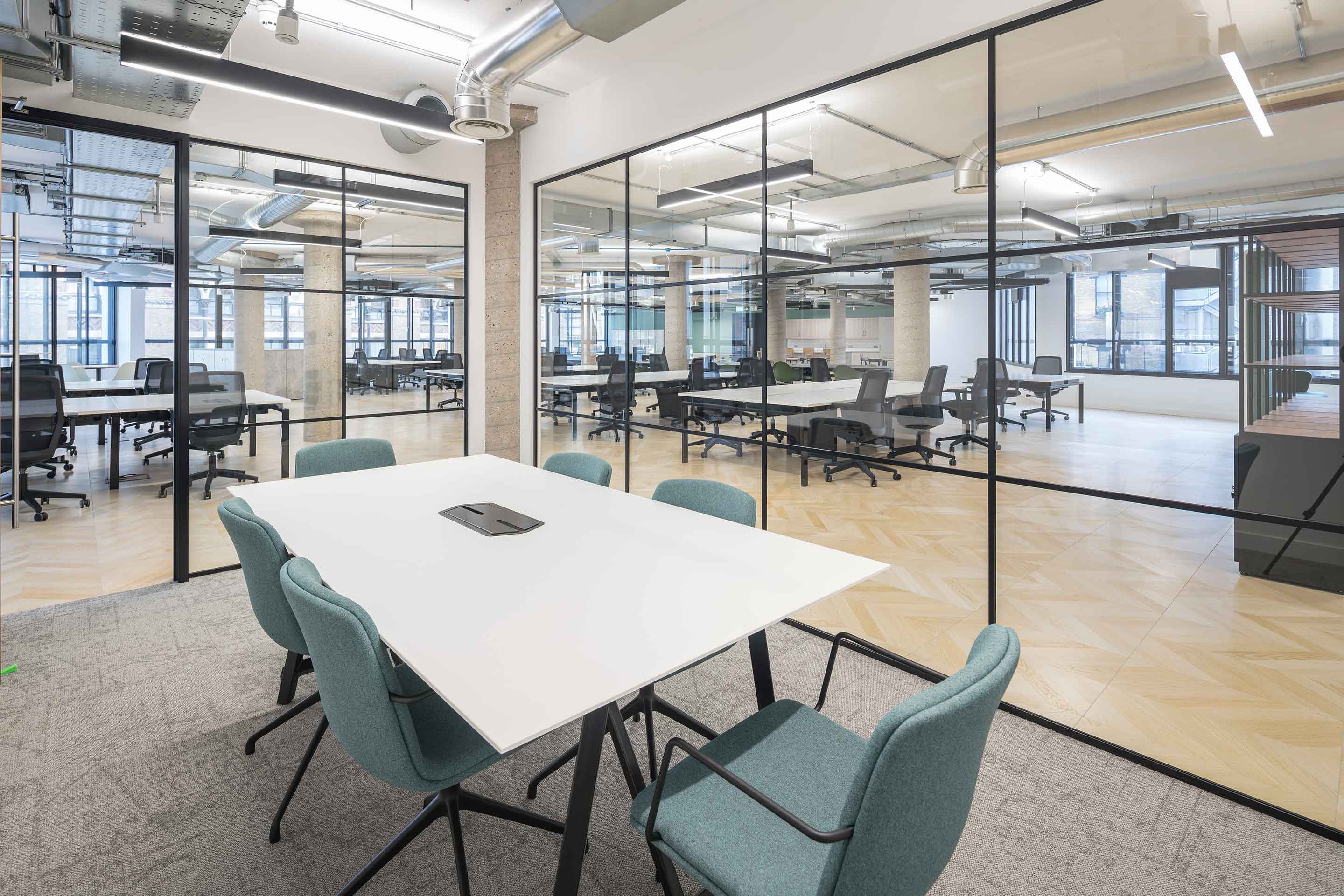 Glass paneled meeting room at Farringdon Point