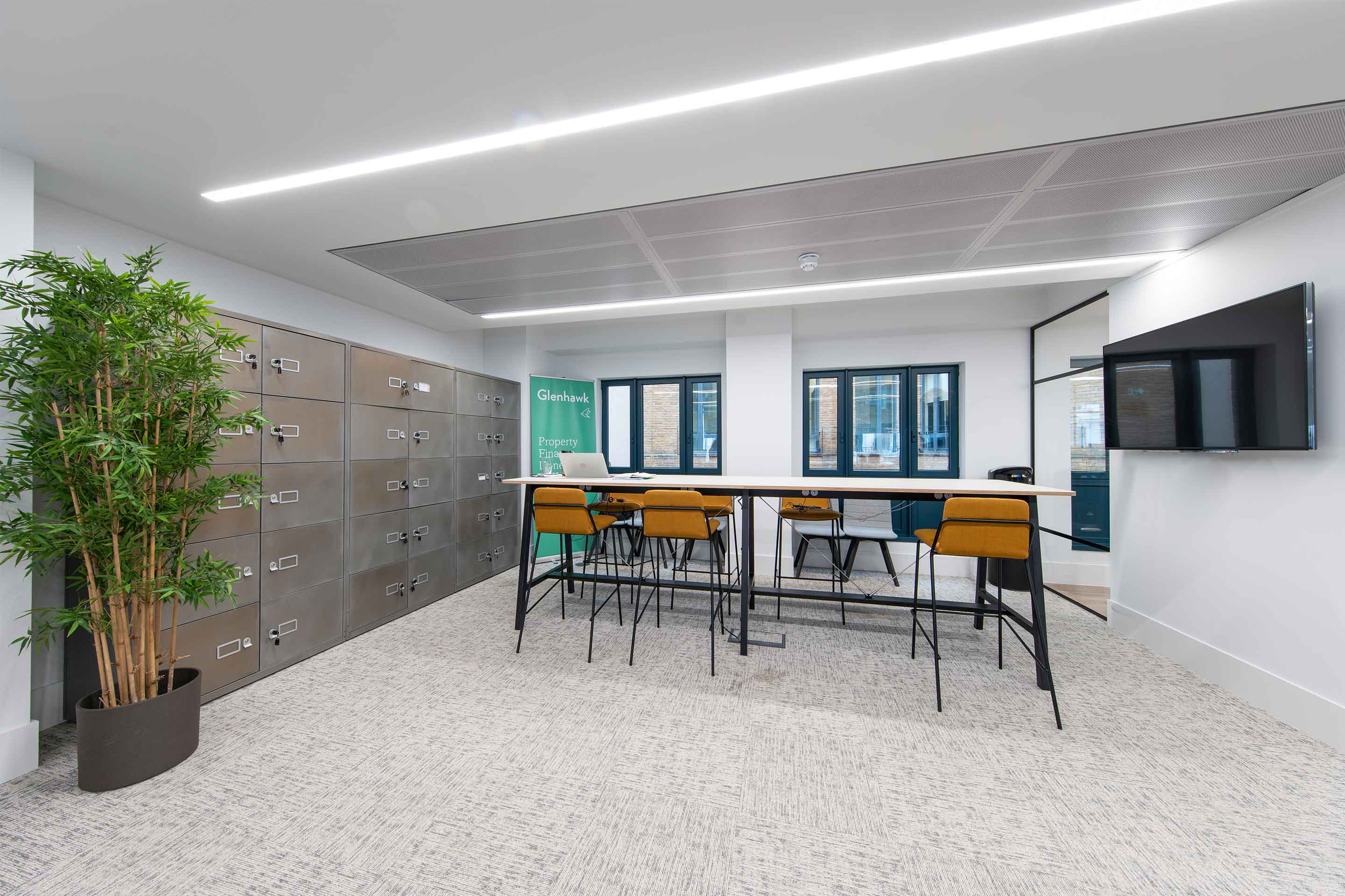 glenhawk collaboration space with high tables and lockers