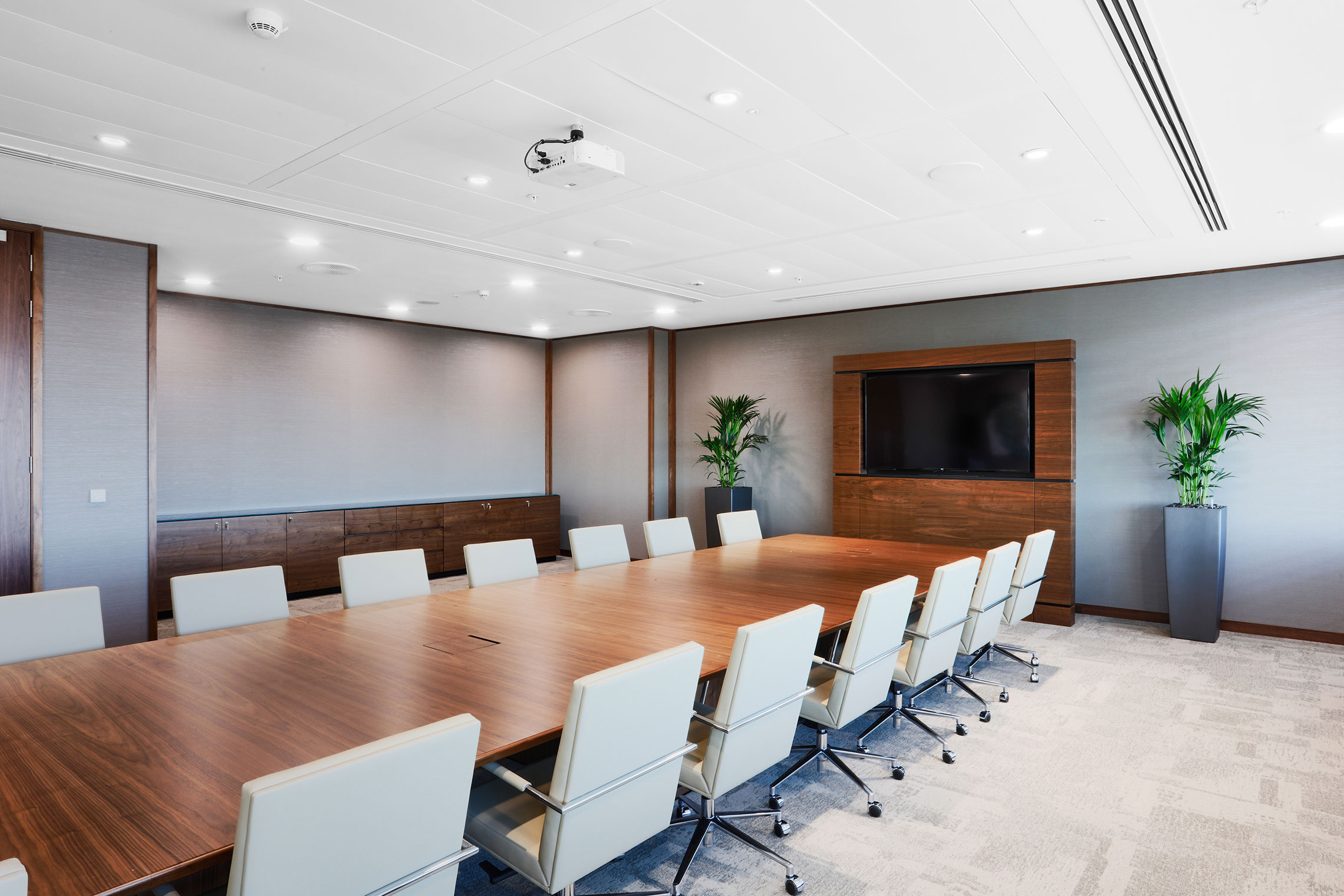 Large wooden boardroom table and biophilia