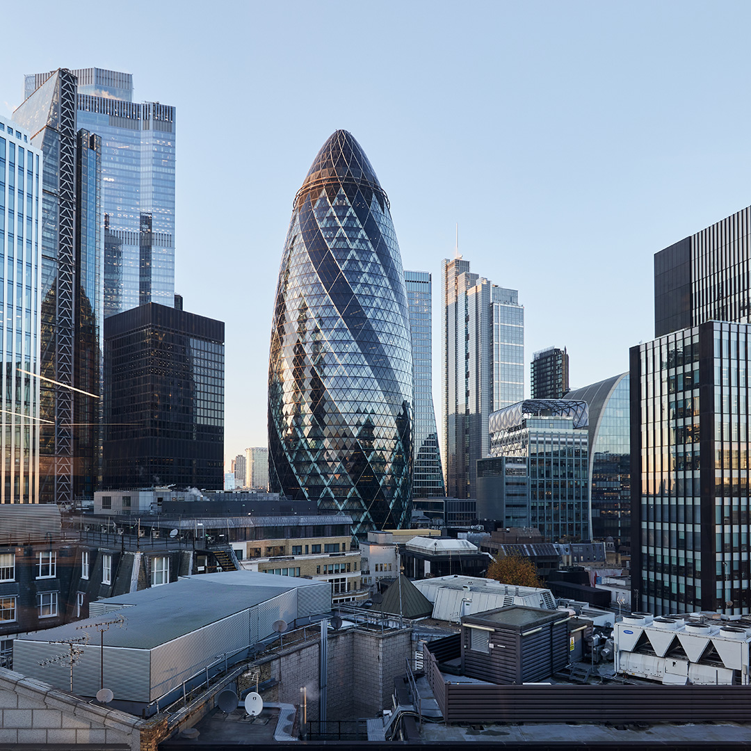 Views of the city of london from a high-end financial office. Notable buildings include the Gherkin