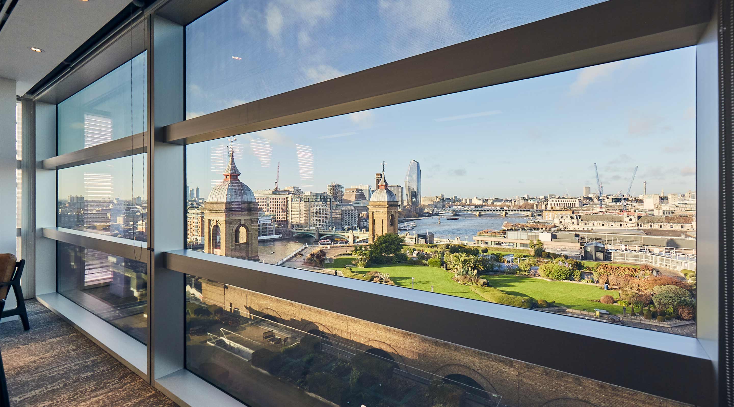 View of the River Thames from an office in Stratford, London