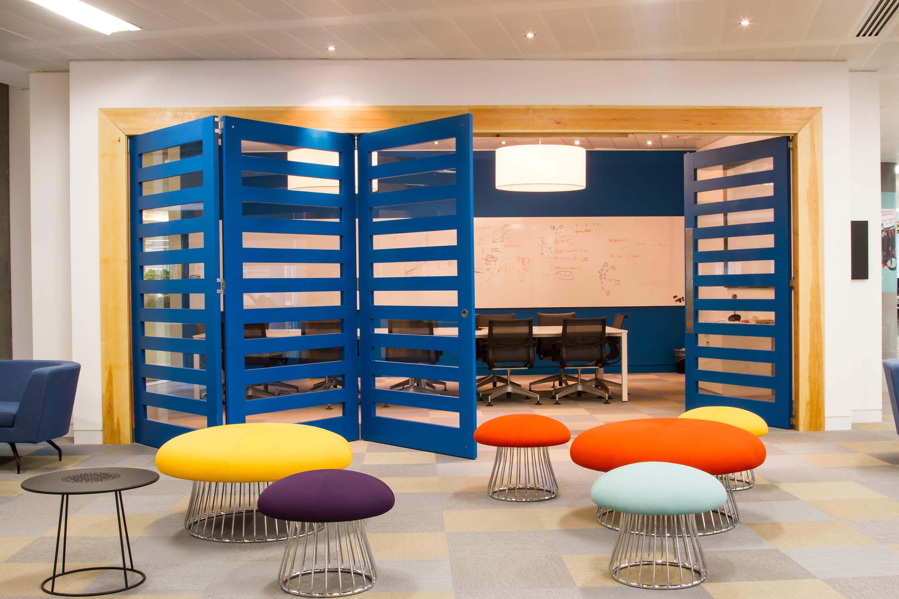 Breakout areas and a meeting room with a folding door