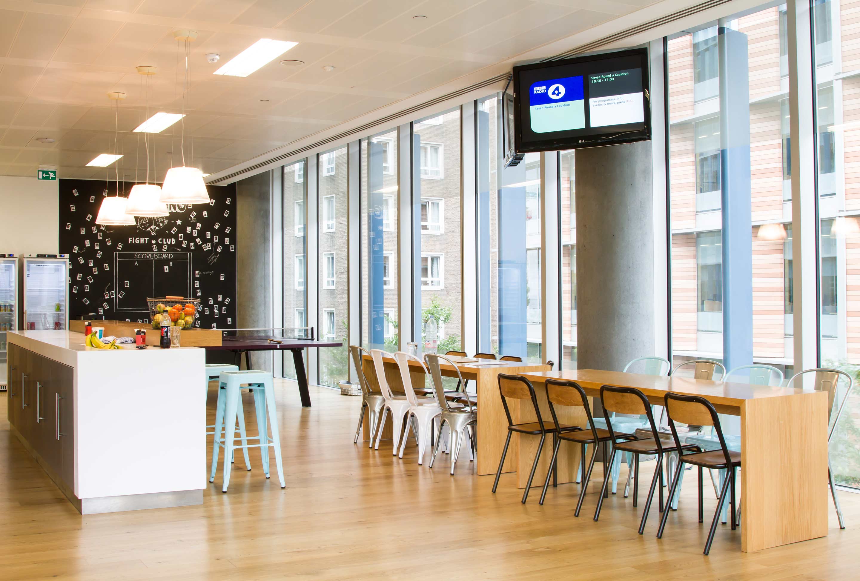 Bench seating in JustGiving's kitchen area