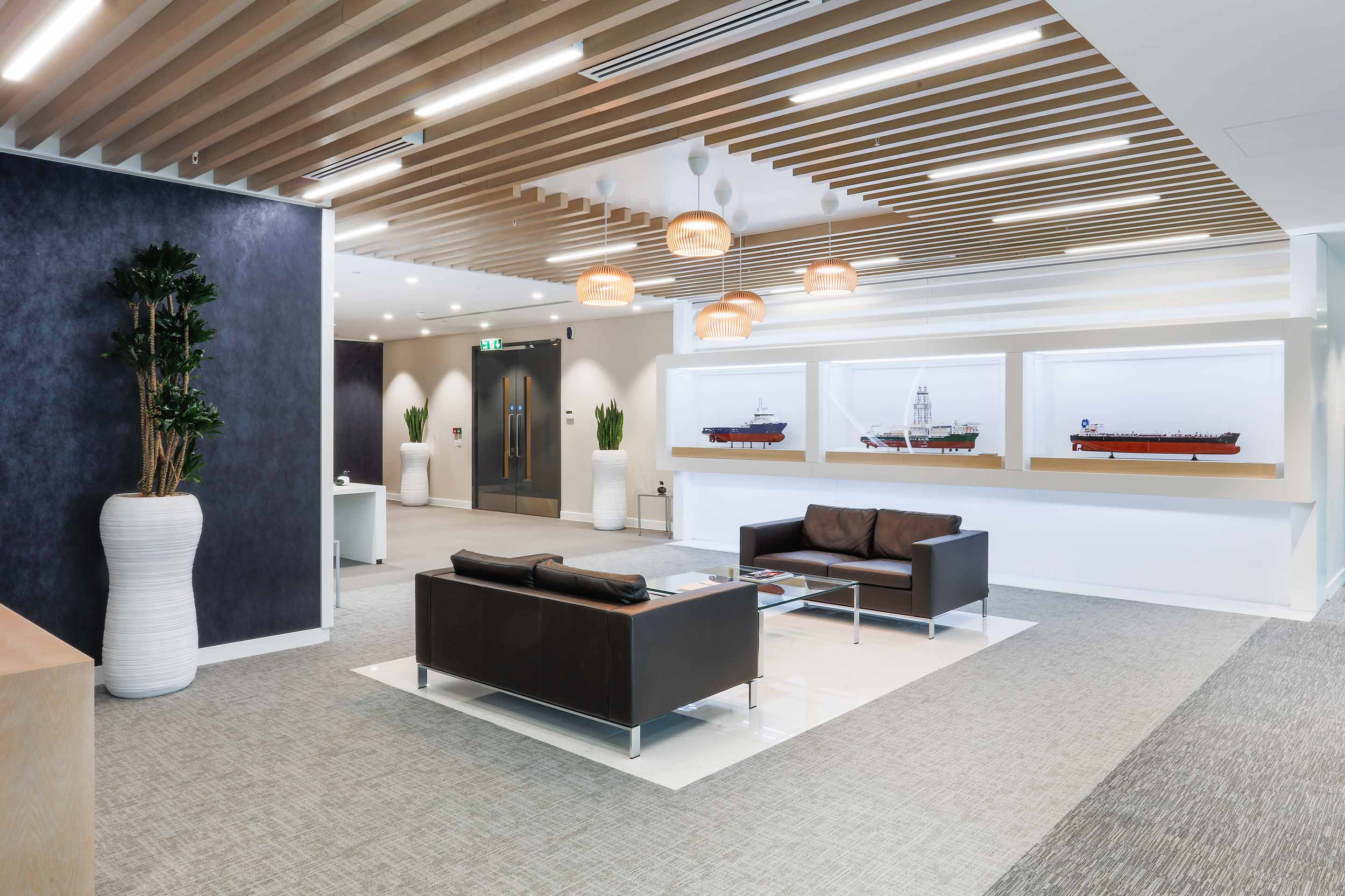 Wood paneled ceiling in Nordea's front of house