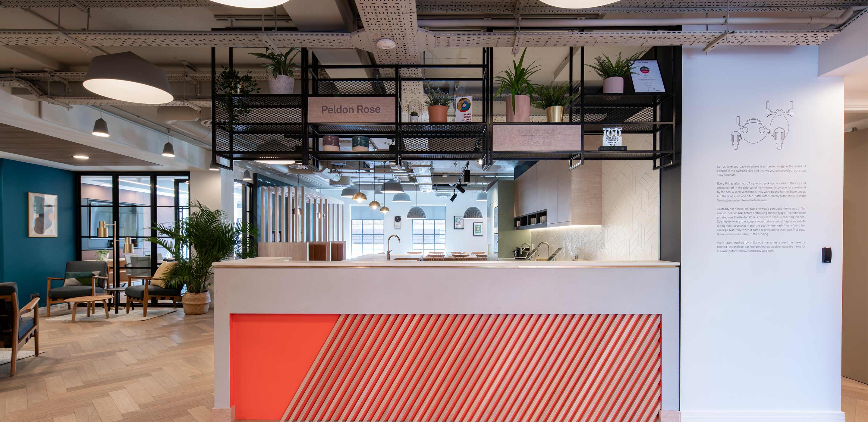 front desk reception area with tea point and soft seating