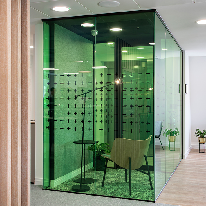 phone call and meeting booth with green soundproof glass