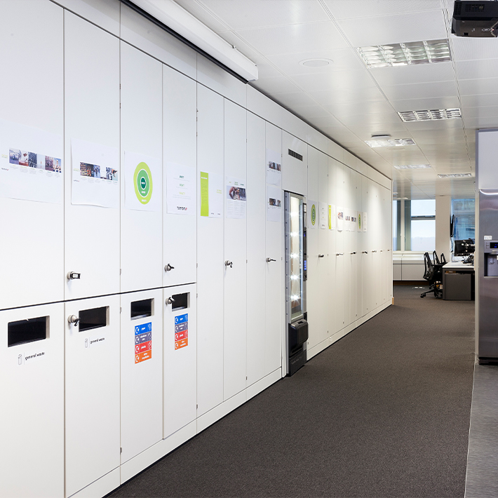 Lockers and rubbish bins in an office