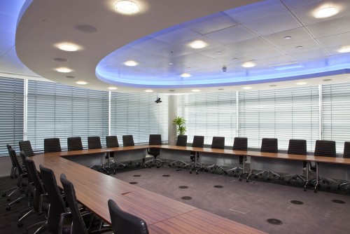 Large boardroom with overhead lighting