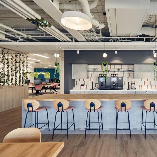 office tea point with bar stools and ceiling plants