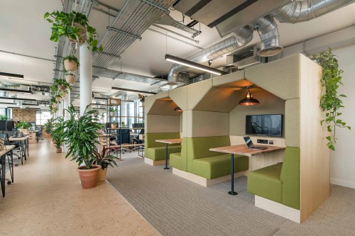 Collaboration booths featuring biophilia