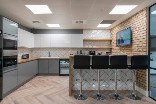 Stool seating in RLJ Entertainment's kitchen area